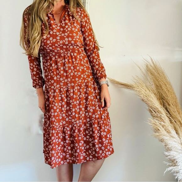 LOFT Burnt Orange Rust Red White Floral Print Tiered Ruffle Maxi Midi Dress XS - Picture 1 of 15